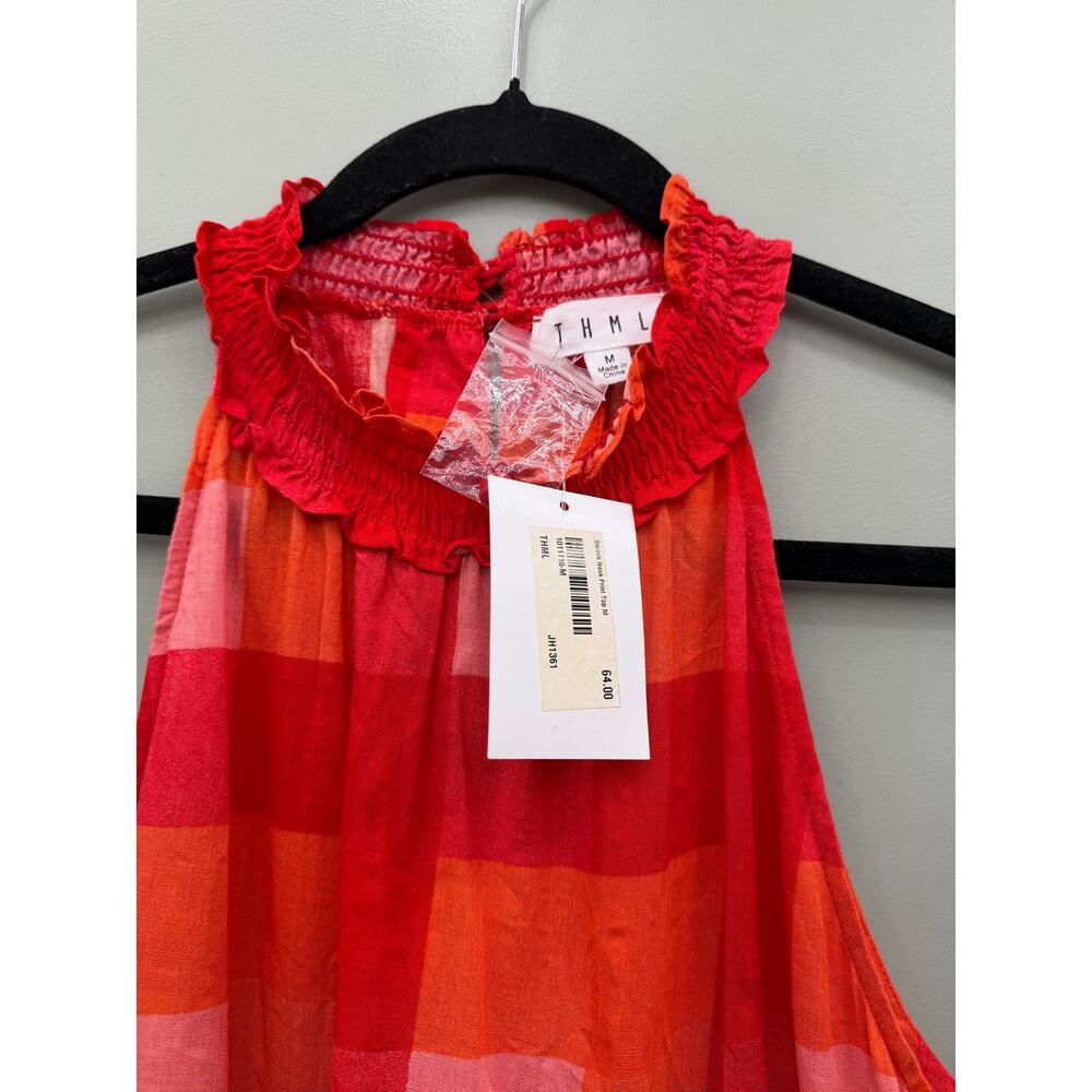 NWT Stunning THML Red & Orange Plaid Sleeveless Ruffle Neck Blouse - Picture 4 of 9